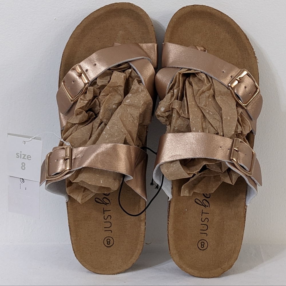 Women's Gold Double Buckle Cork Footbed Sandals, Slip On Sandals,Size 8, NWT